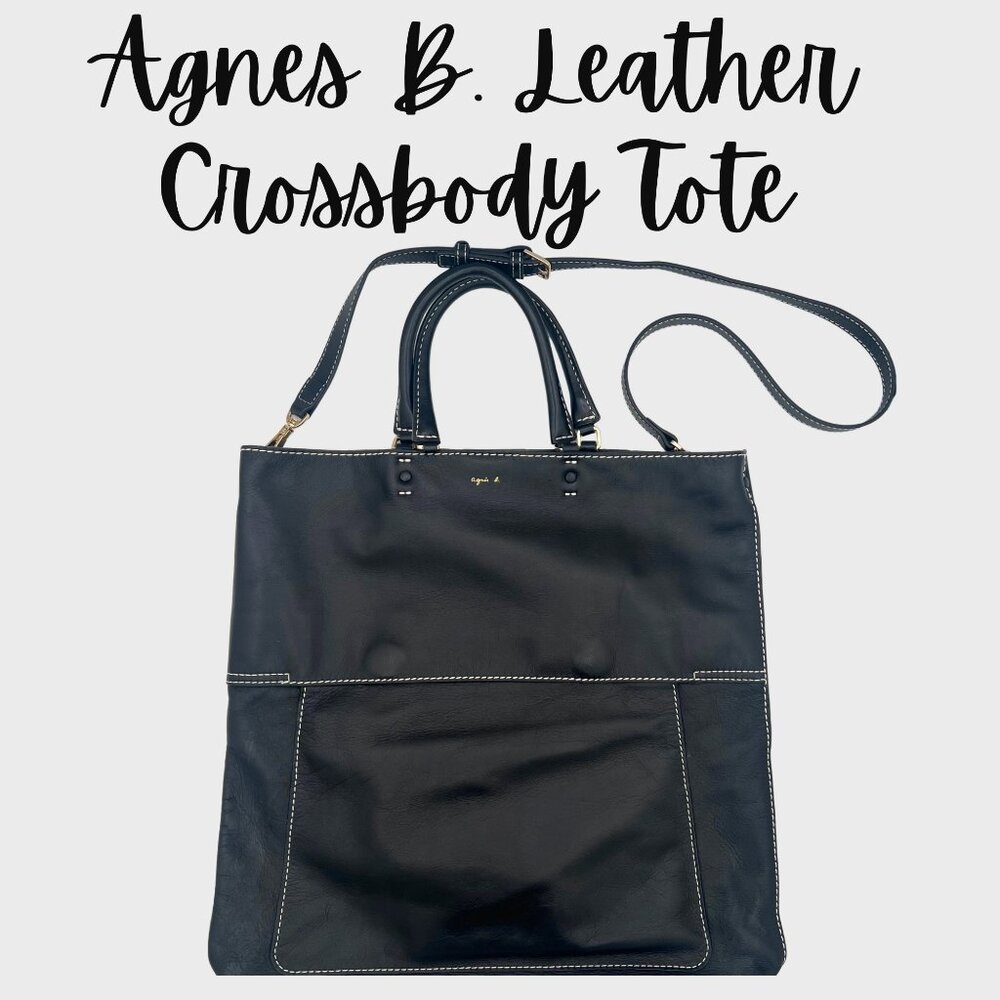 Agnes B. Black Leather Crossbody Tote Bag with Contrast Stitching